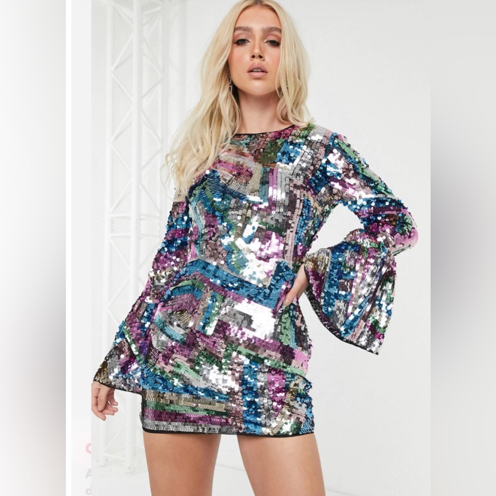 ASOS long sleeve sequin embellished mini dress with open back